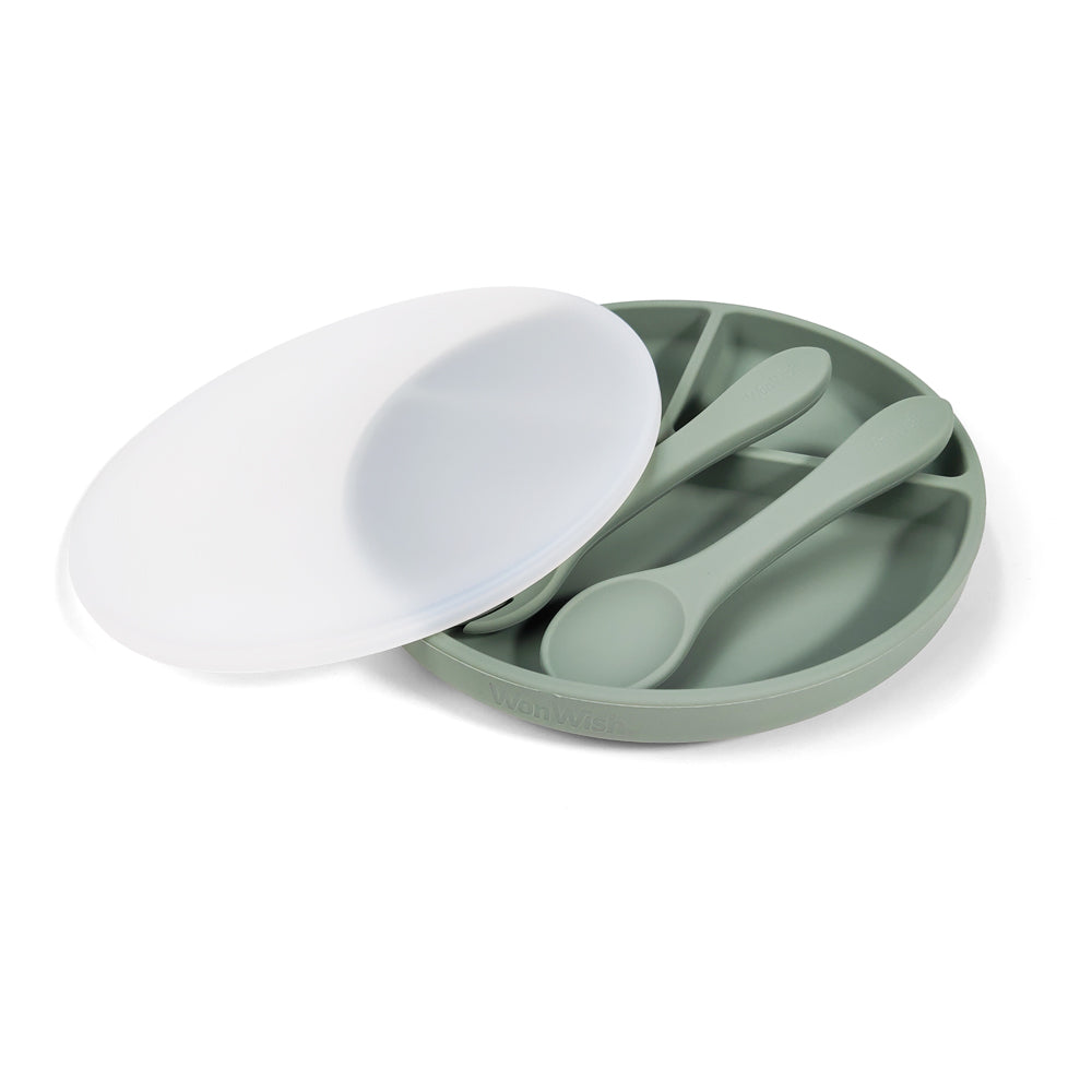 Silicone Plates With Lids: Ether, Sage, & Light Grey