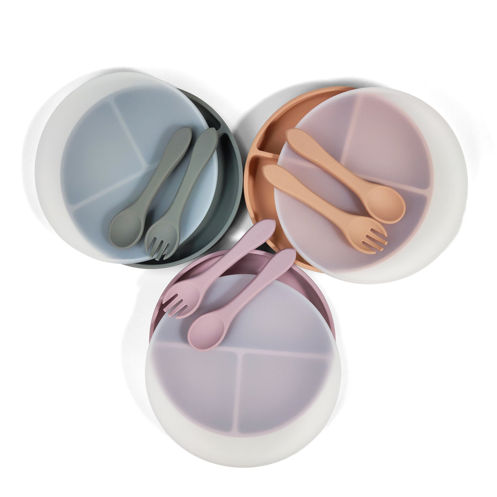 Silicone Plates With Lids: Pale Mauve, Dark Grey, & Muted