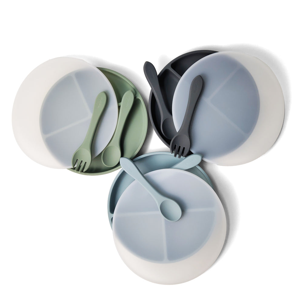 Silicone Plates With Lids: Ether, Sage, & Light Grey