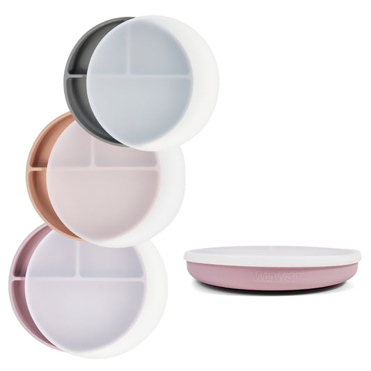 Silicone Plates With Lids: Pale Mauve, Dark Grey, & Muted