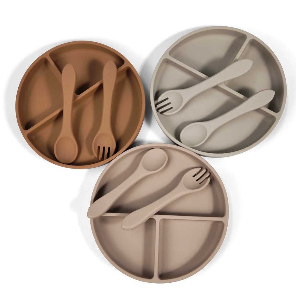 Silicone Plates With Lids: Doeskin, Clay, & Warm Taupe