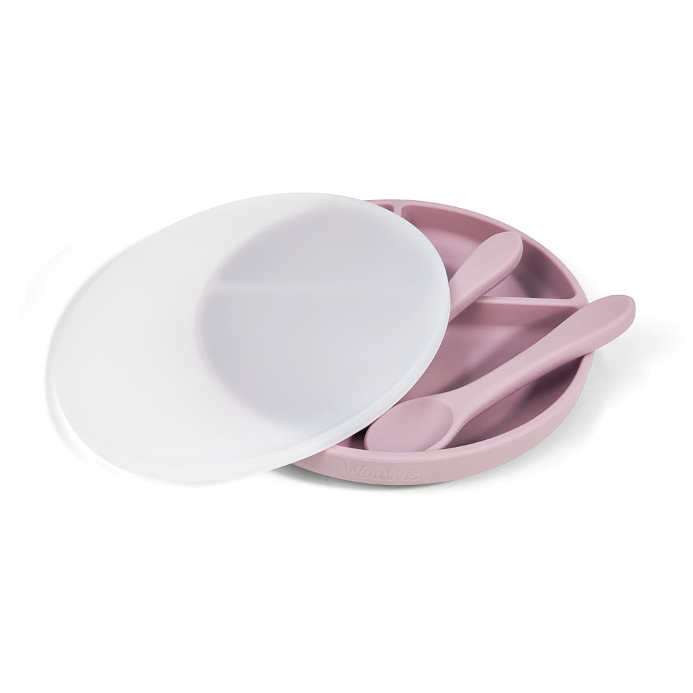 Silicone Plates With Lids: Pale Mauve, Dark Grey, & Muted